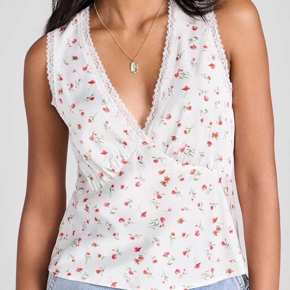 Wayf White Satin Lace Trim Rose Print Tank Top Size Medium